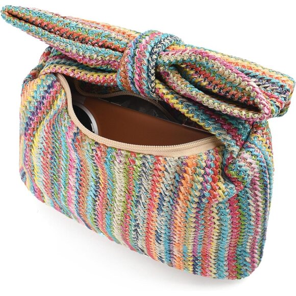 Womens Multi Fashion Clutch Bow Purses Straw Photos Party Wedding - Picture 3 of 7